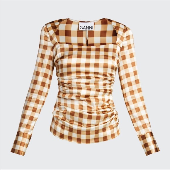 GANNI Silk Check Draped Blouse 10 - Picture 10 of 10